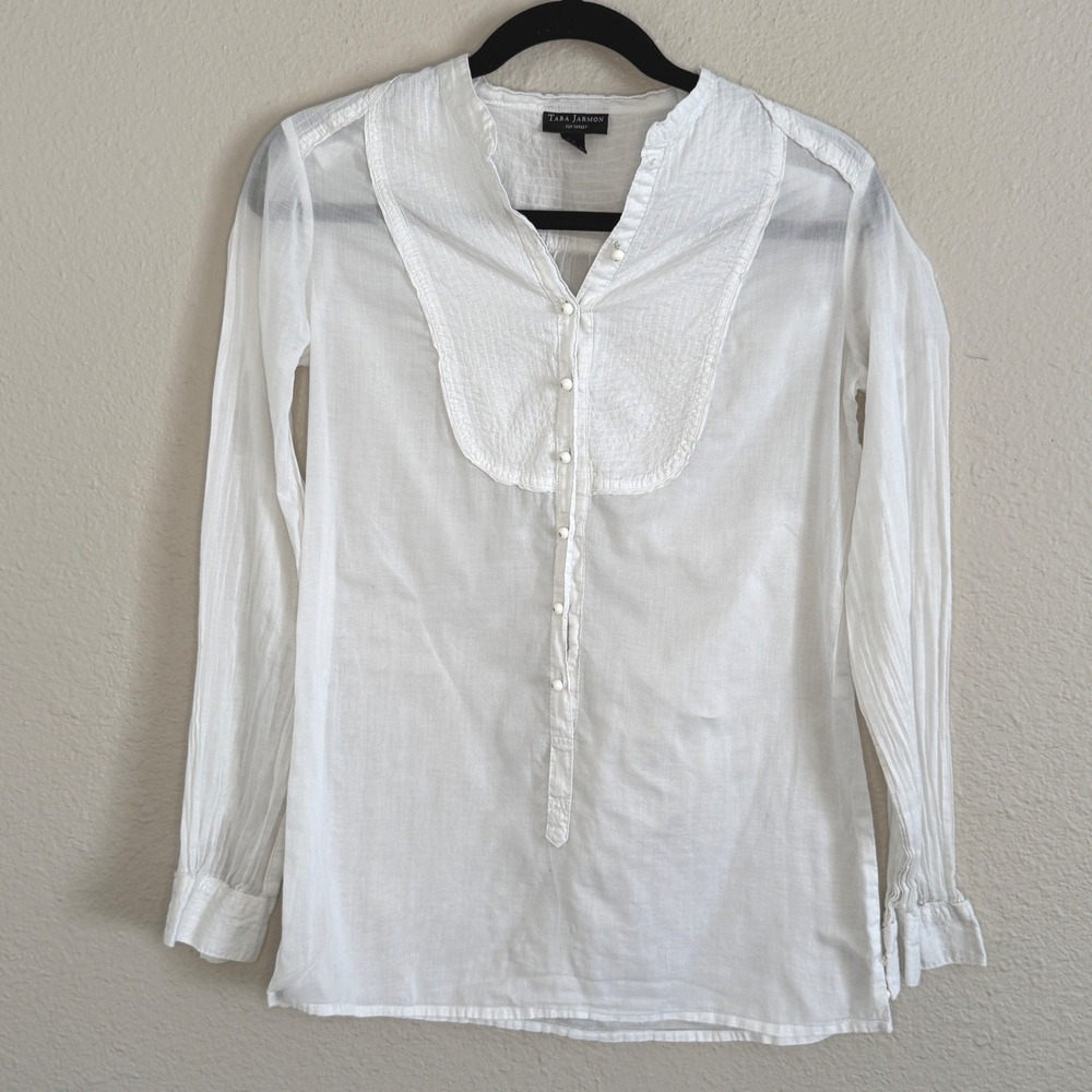 Victorian Poet Sheer White Cotton Gauze Bib Blouse Womens Small Cottage Retro
